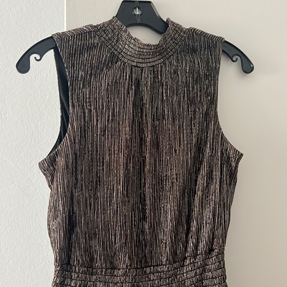 1. State. Smock Neck Sleeveless Fit & Flare Dress. Brown with Gold. Size S/M - Picture 3 of 7